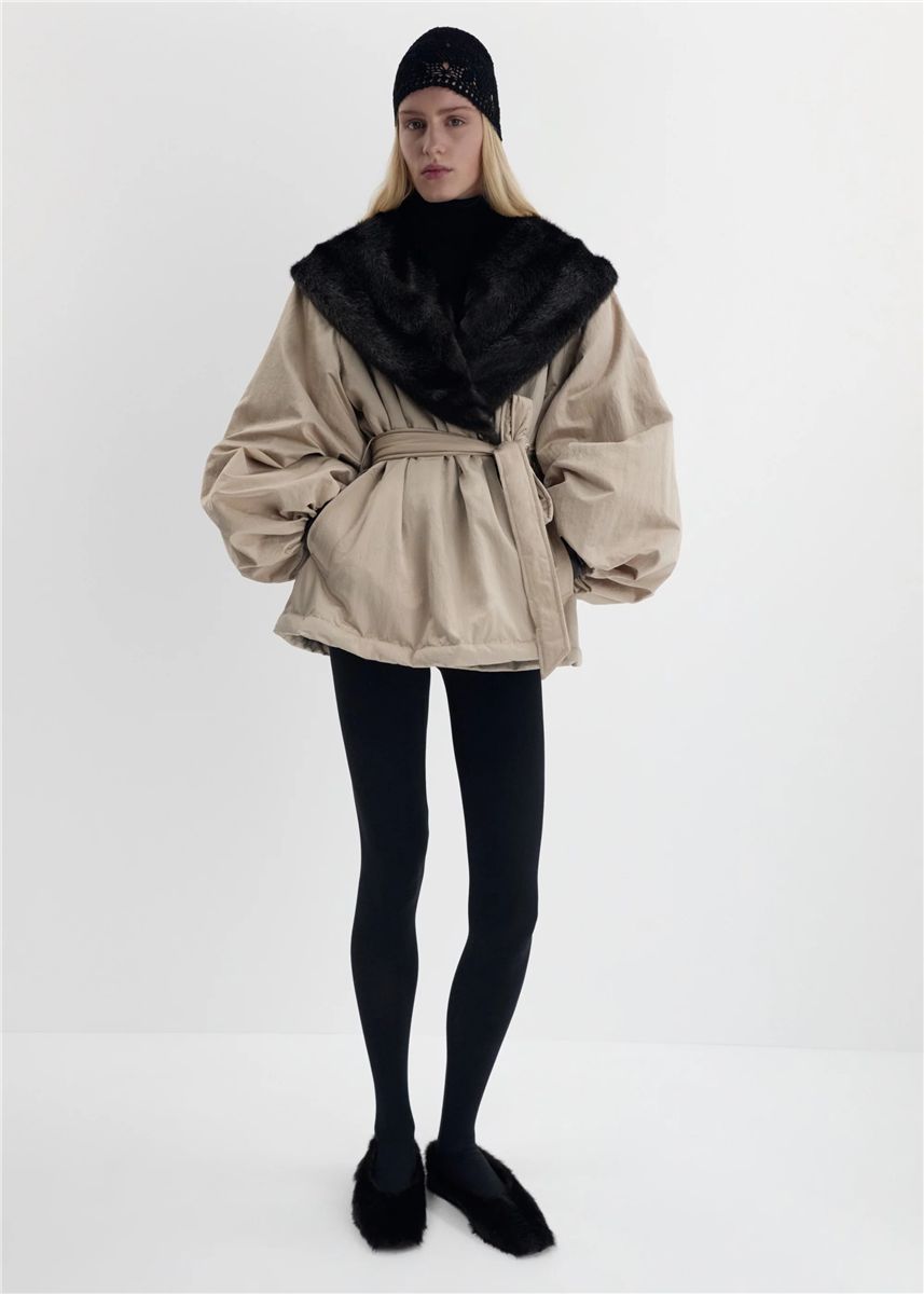 Belted faux fur collar jacket in beige-MAGDA BUTRYM-Verso