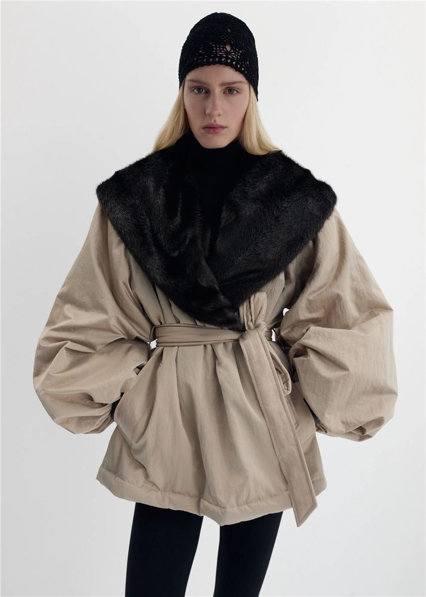 Belted faux fur collar jacket in beige-MAGDA BUTRYM-Verso