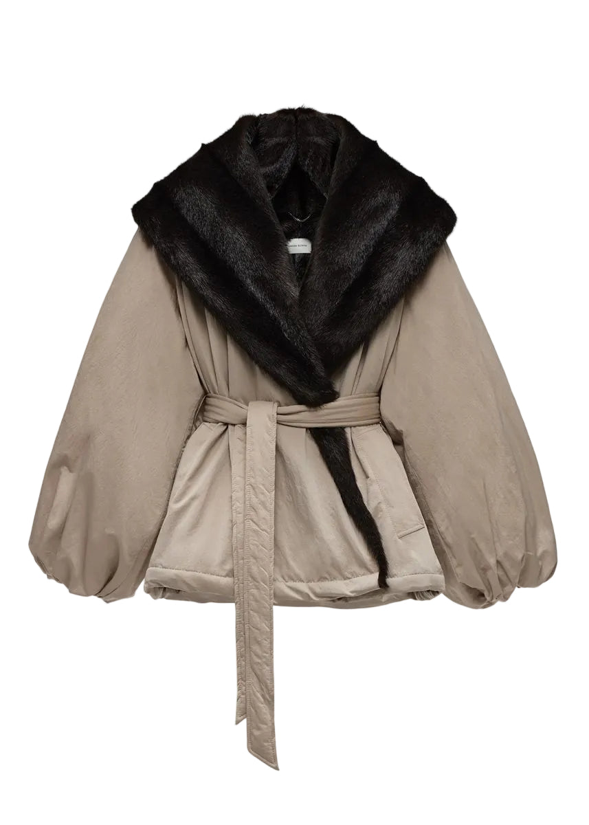 Belted faux fur collar jacket in beige-MAGDA BUTRYM-316094-34-Verso