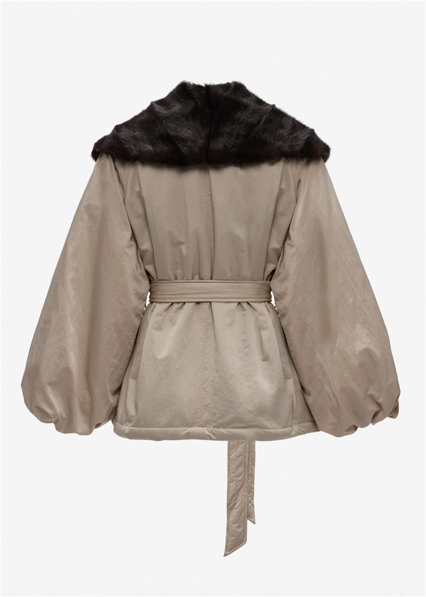 Belted faux fur collar jacket in beige-MAGDA BUTRYM-Verso