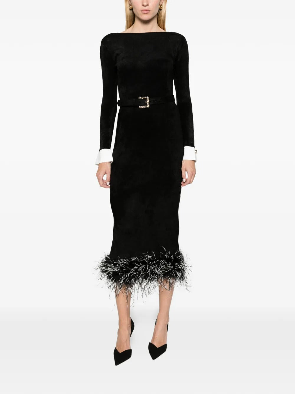 Black chenille knit feather midi dress-SELF-PORTRAIT-Verso