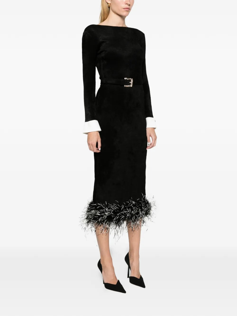 Black chenille knit feather midi dress-SELF-PORTRAIT-Verso