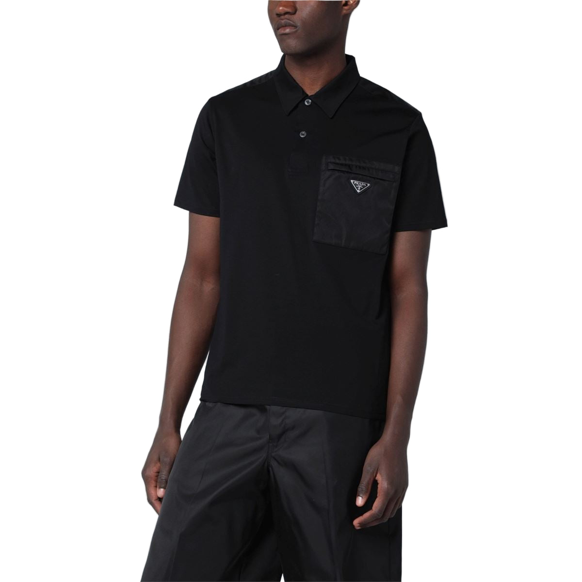 Black cotton stretch and re-nylon polo shirt-PRADA-Verso