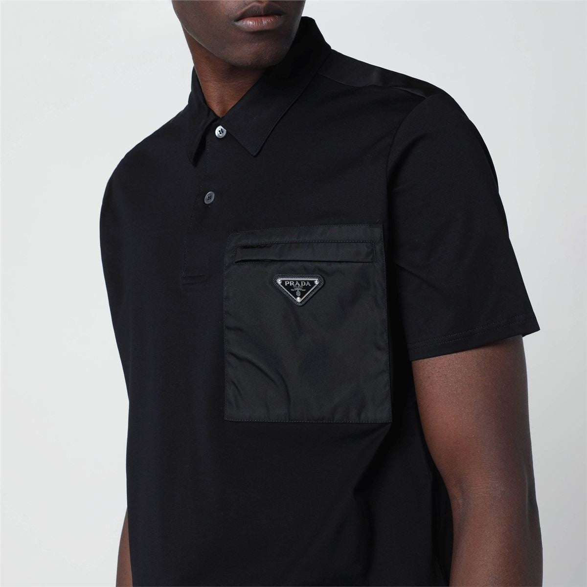 Black cotton stretch and re-nylon polo shirt-PRADA-Verso