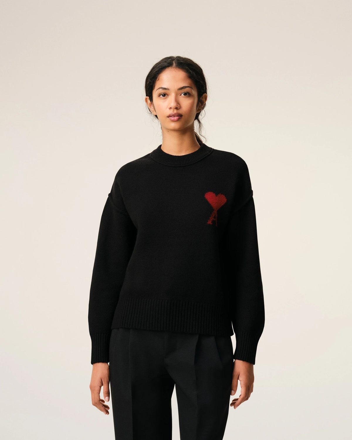 Black crewneck wool sweater with ami de coeur-AMI-Verso