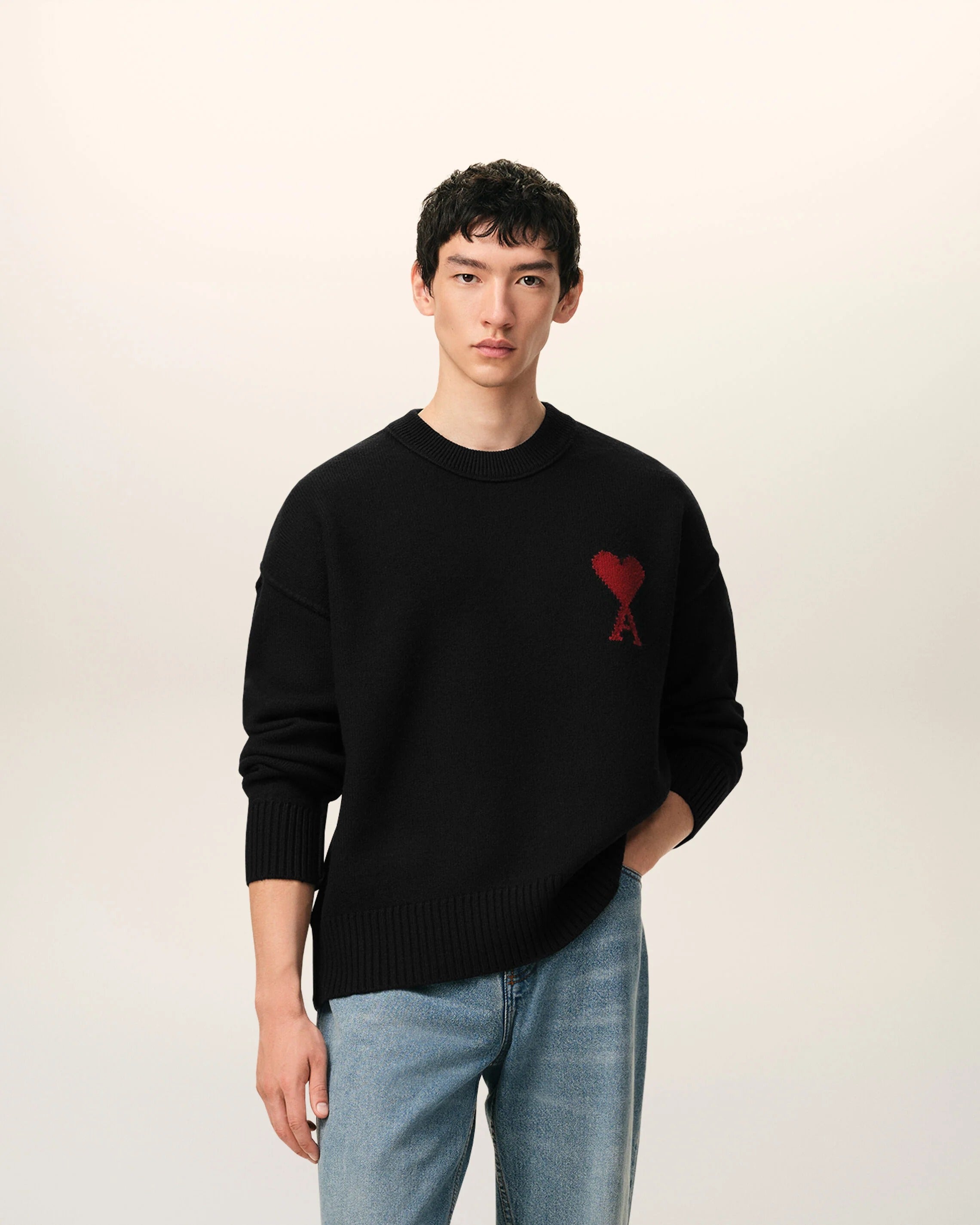 Black crewneck wool sweater with ami de coeur-AMI-Verso