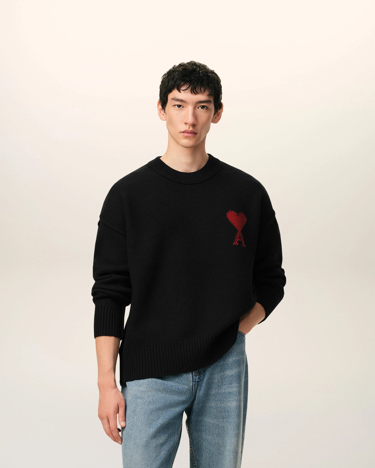 Black crewneck wool sweater with ami de coeur-AMI-Verso