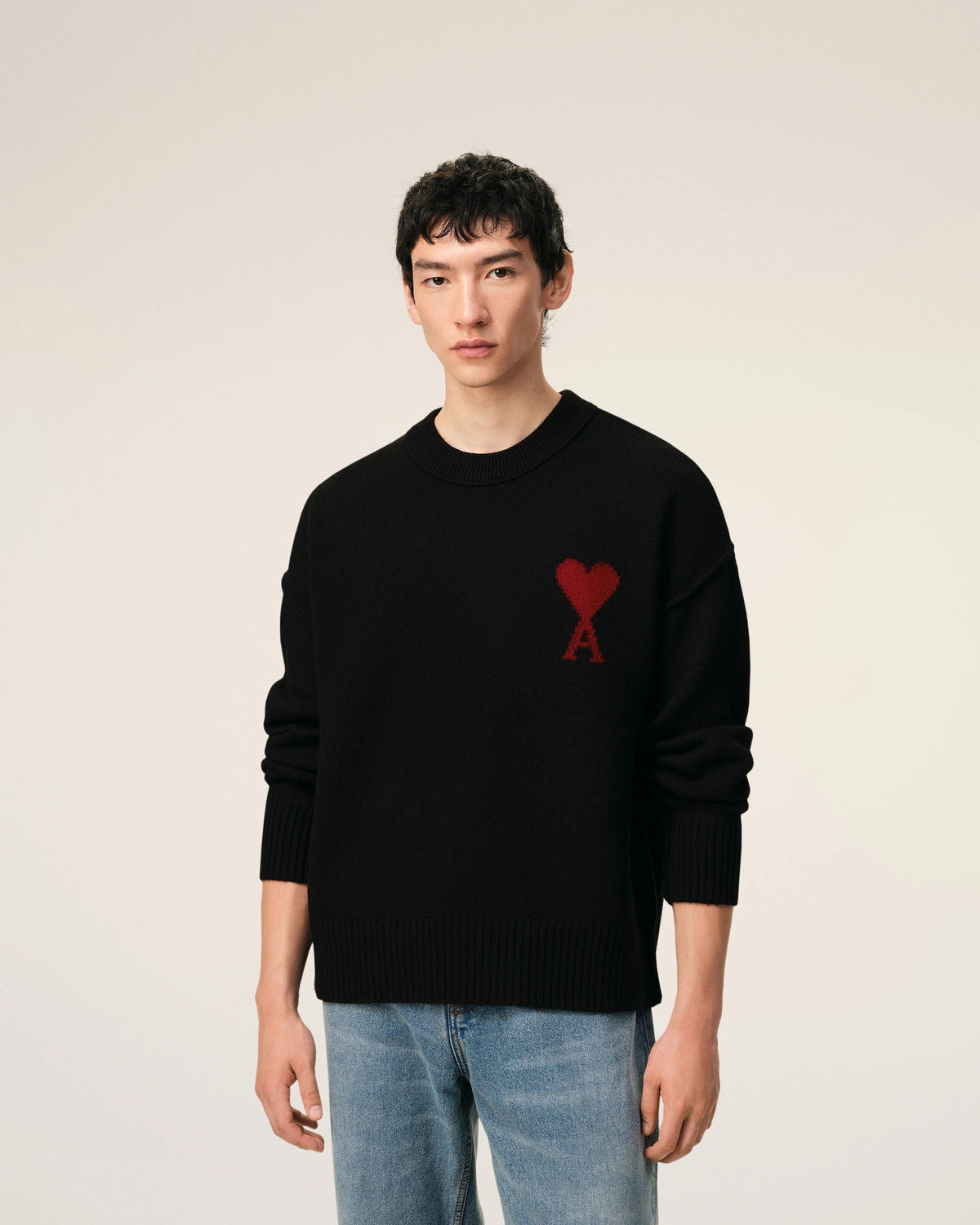 Black crewneck wool sweater with ami de coeur-AMI-Verso