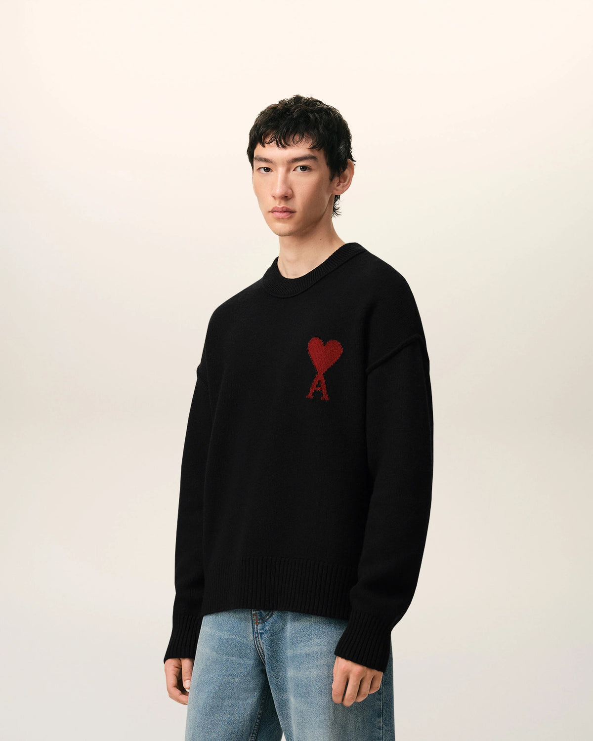 Black crewneck wool sweater with ami de coeur-AMI-Verso
