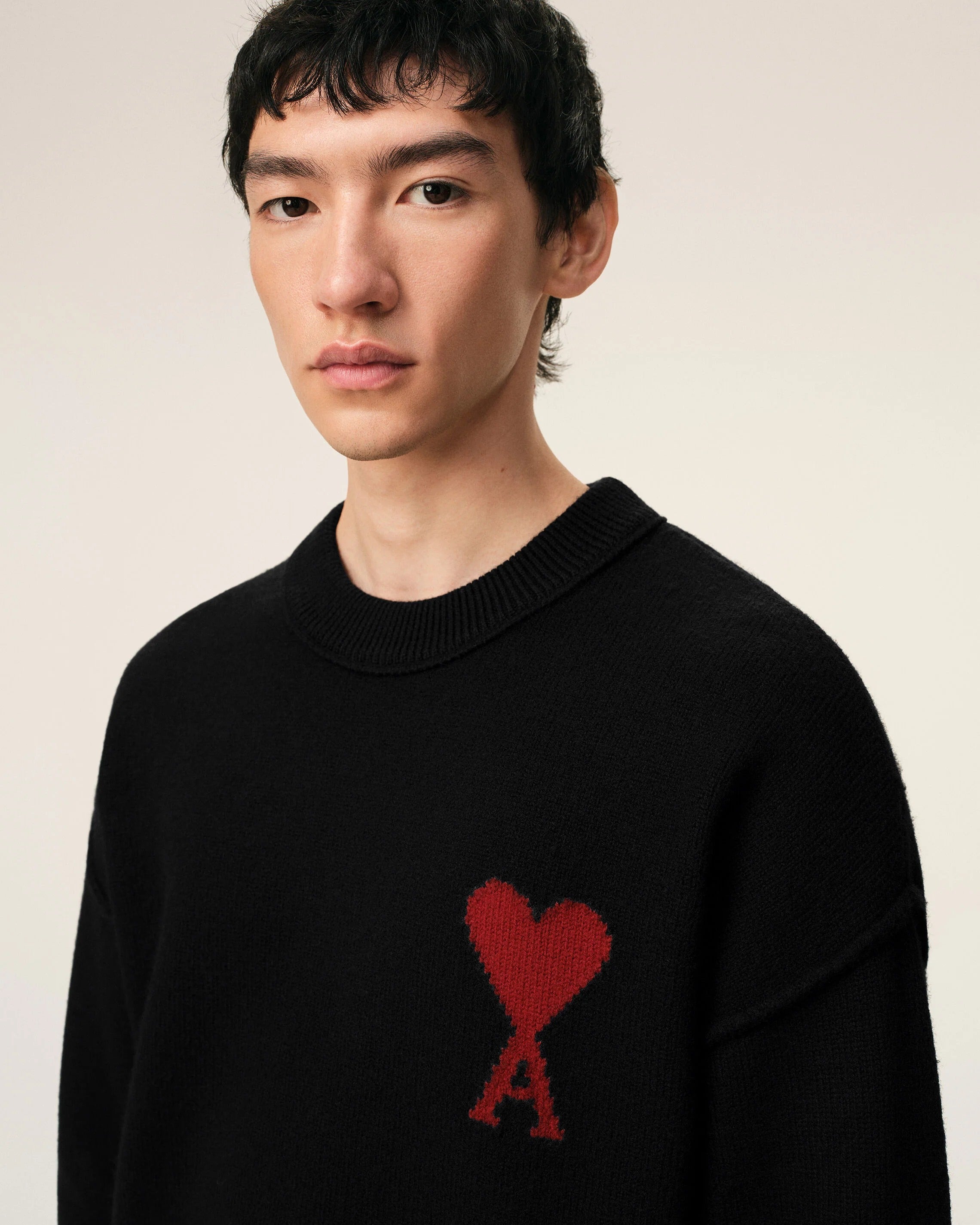Black crewneck wool sweater with ami de coeur-AMI-Verso