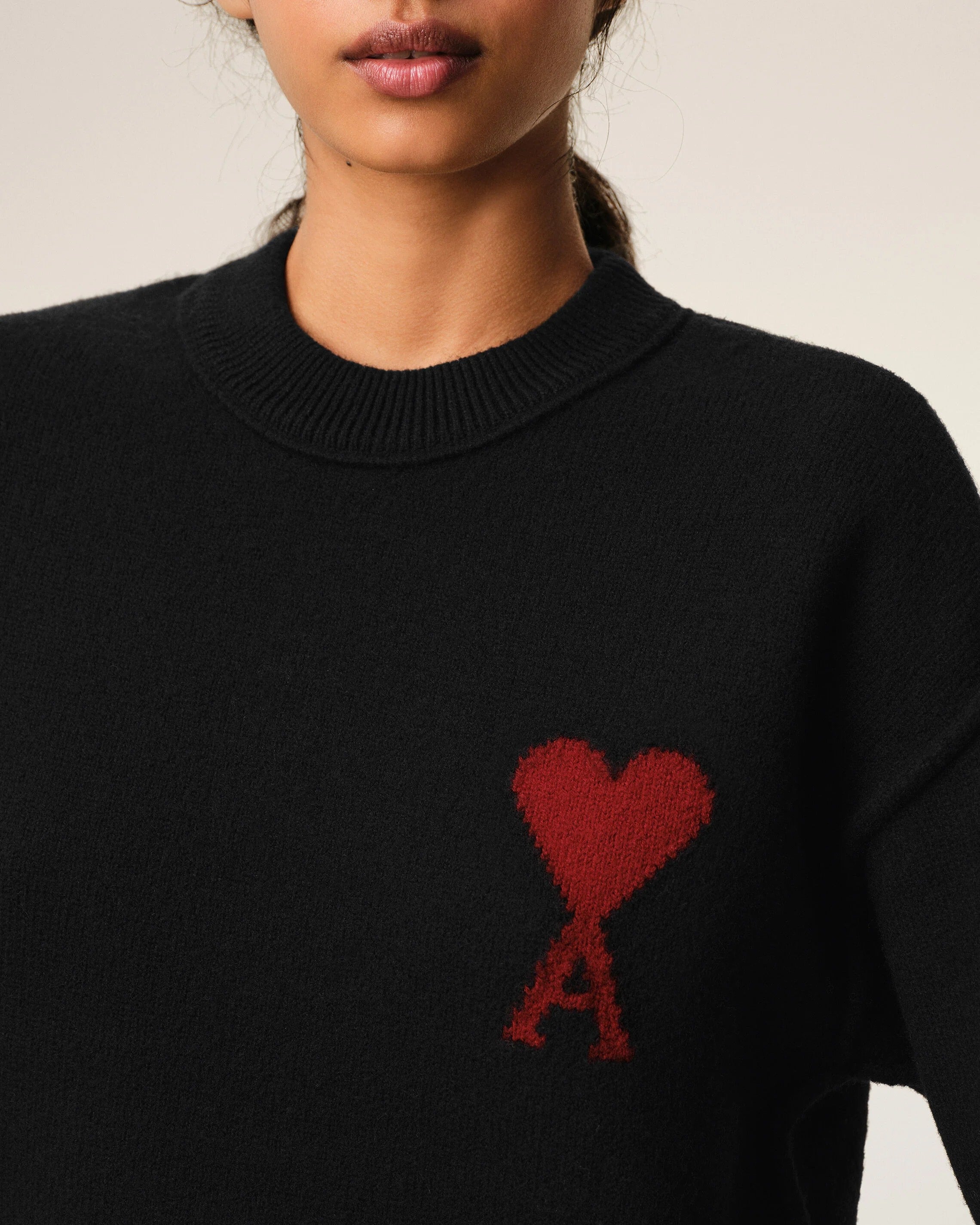 Black crewneck wool sweater with ami de coeur-AMI-Verso