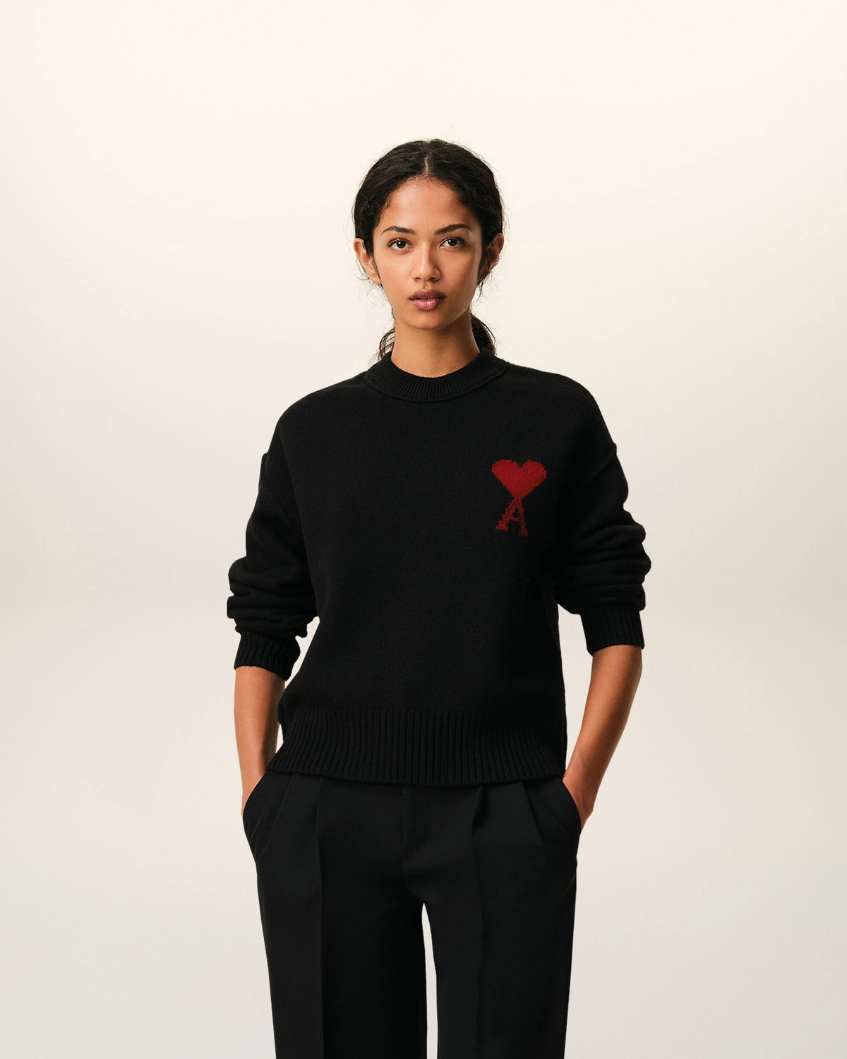Black crewneck wool sweater with ami de coeur-AMI-Verso