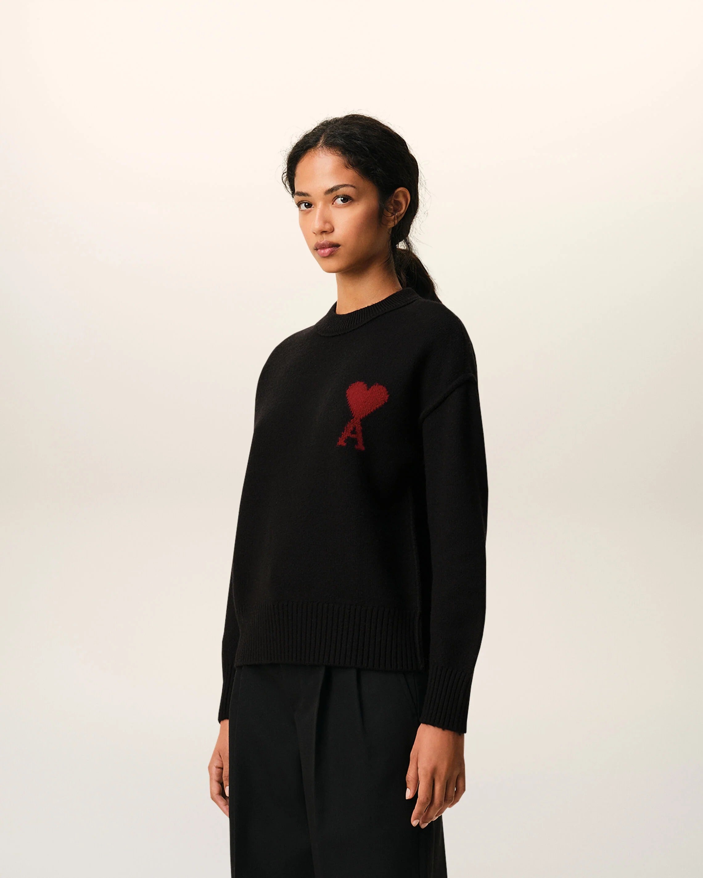 Black crewneck wool sweater with ami de coeur-AMI-Verso