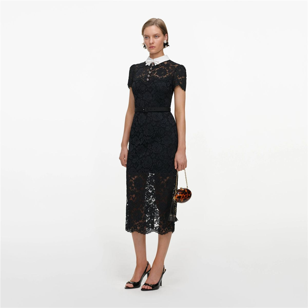 Black lace contrast collar midi dress-SELF-PORTRAIT-Verso