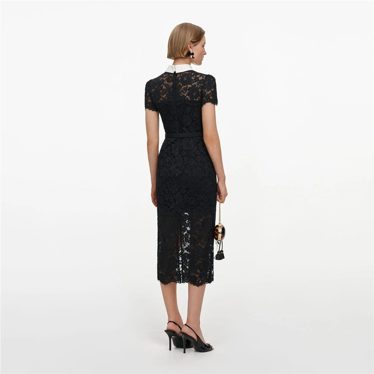 Black lace contrast collar midi dress-SELF-PORTRAIT-Verso