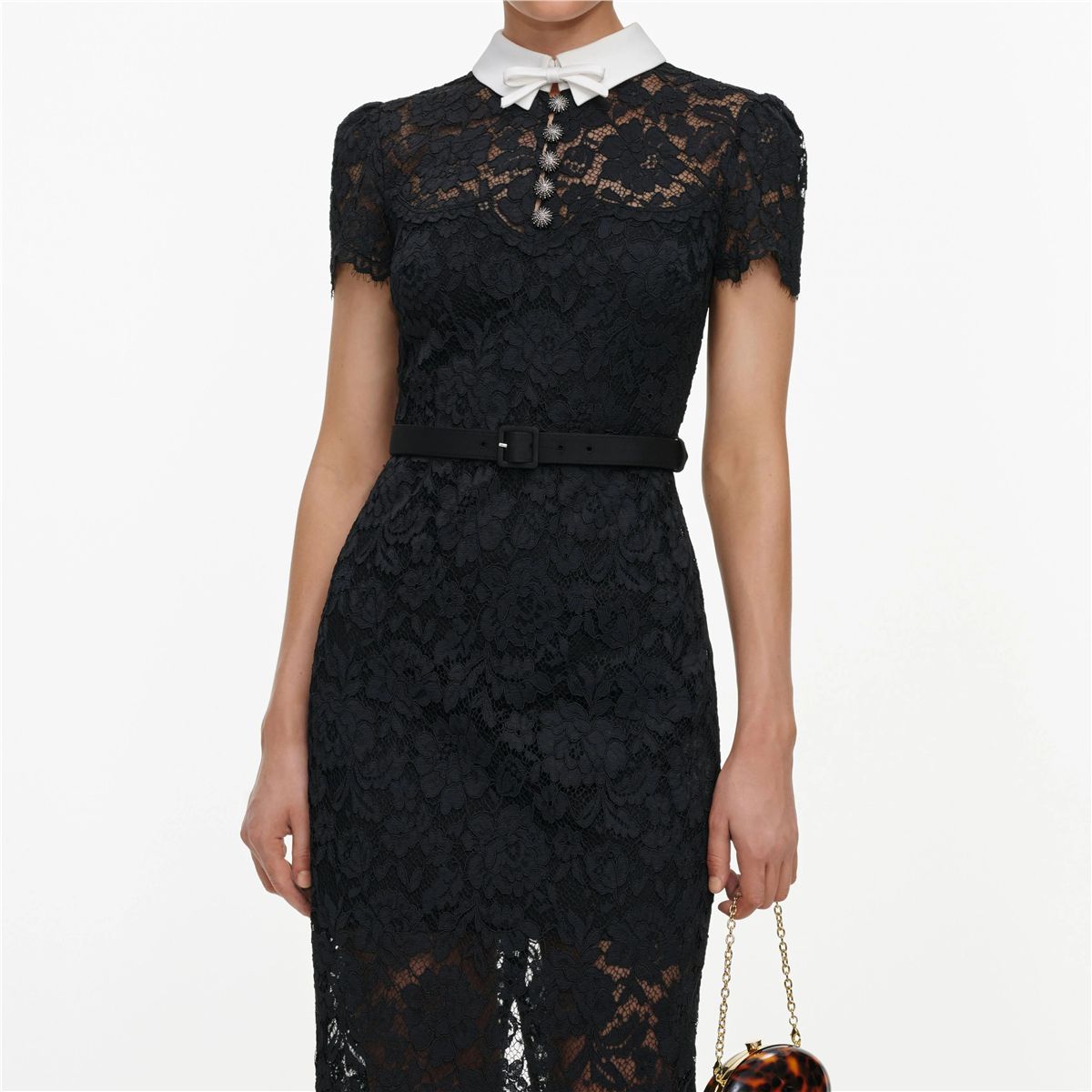 Black lace contrast collar midi dress-SELF-PORTRAIT-Verso
