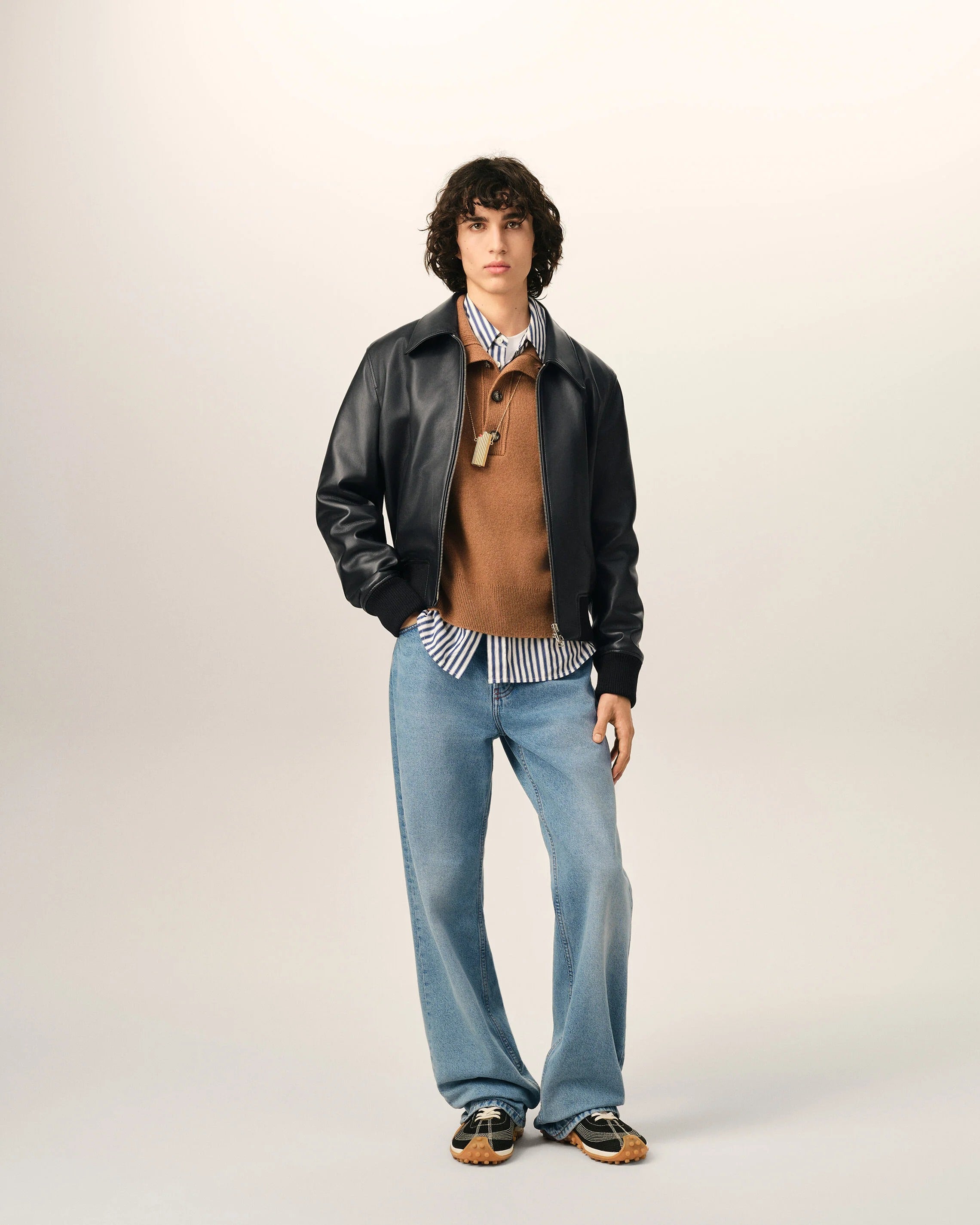 Black Lamb Leather Zipped Jacket-AMI-Verso