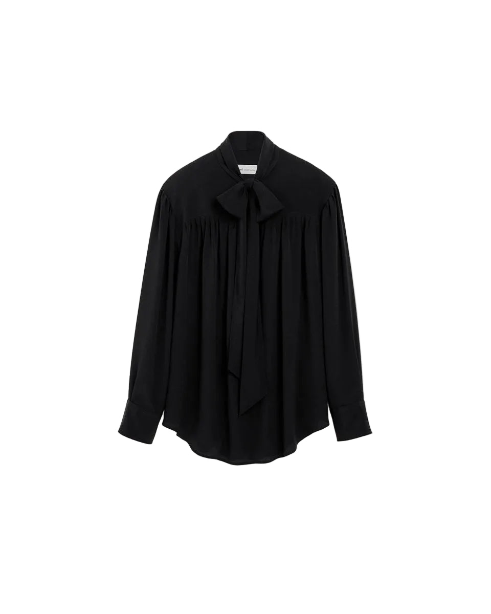 Black Lavalliere Silk-Blend Blouse