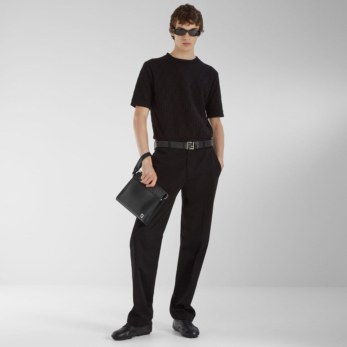 Black leather and black ff canvas pouch-FENDI-Verso