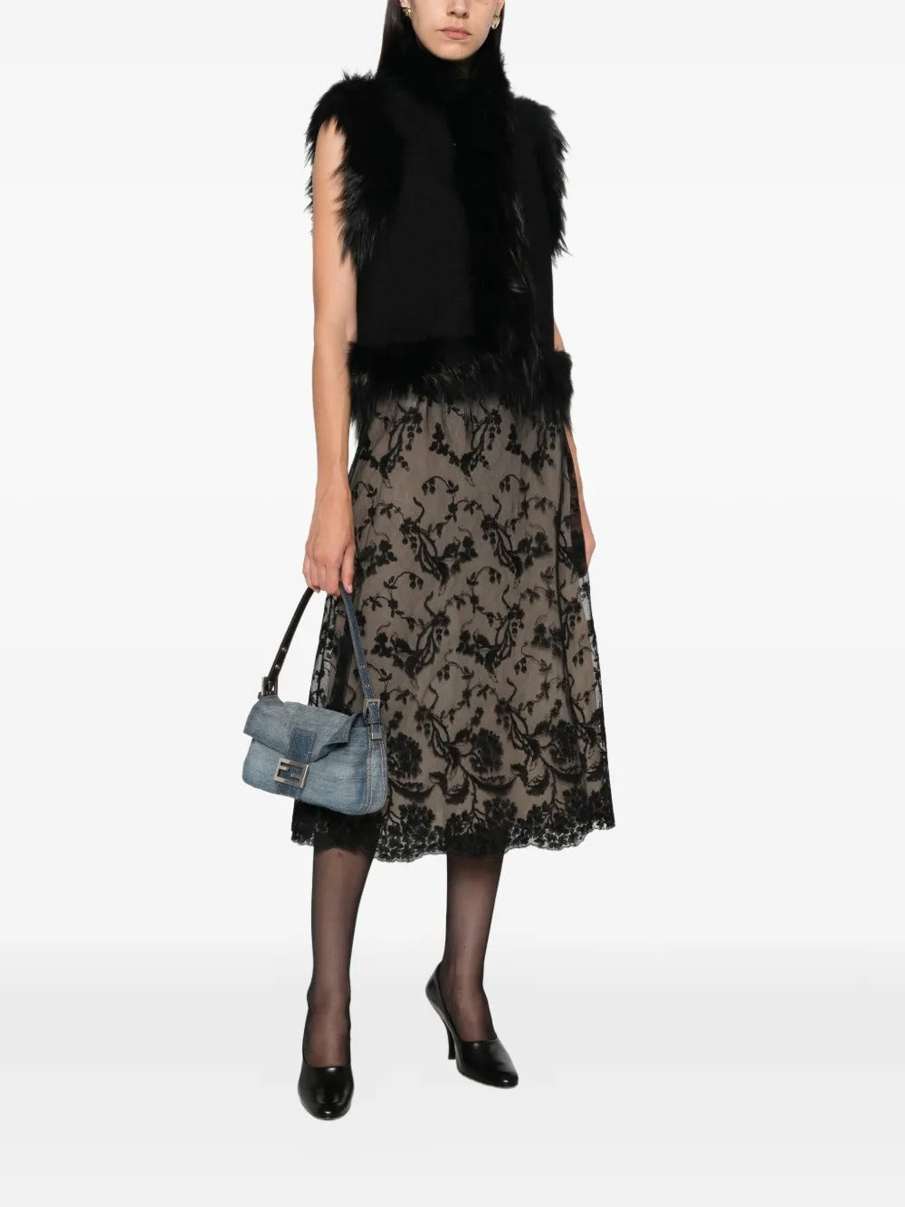 Black Peonia Lace Skirt-FENDI-Verso