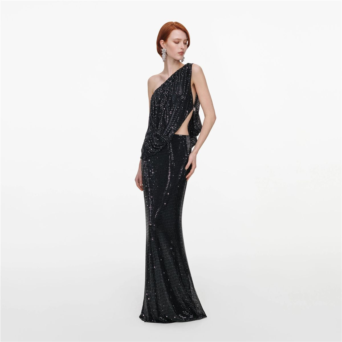 Black rhinestone one shoulder drape maxi dress-SELF-PORTRAIT-Verso