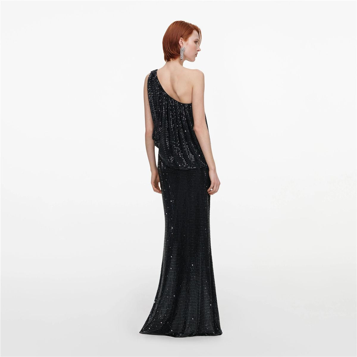 Black rhinestone one shoulder drape maxi dress-SELF-PORTRAIT-Verso