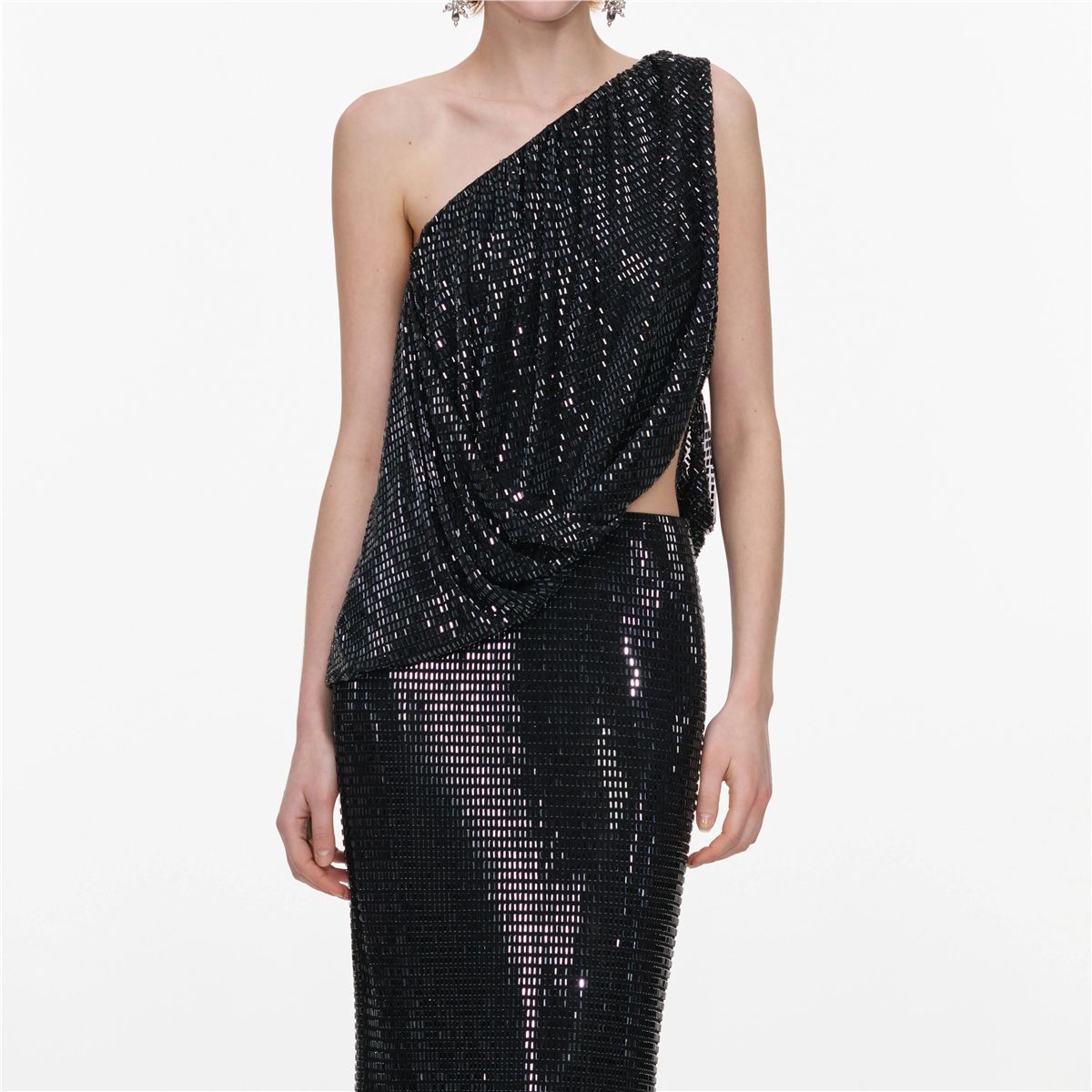 Black rhinestone one shoulder drape maxi dress-SELF-PORTRAIT-Verso