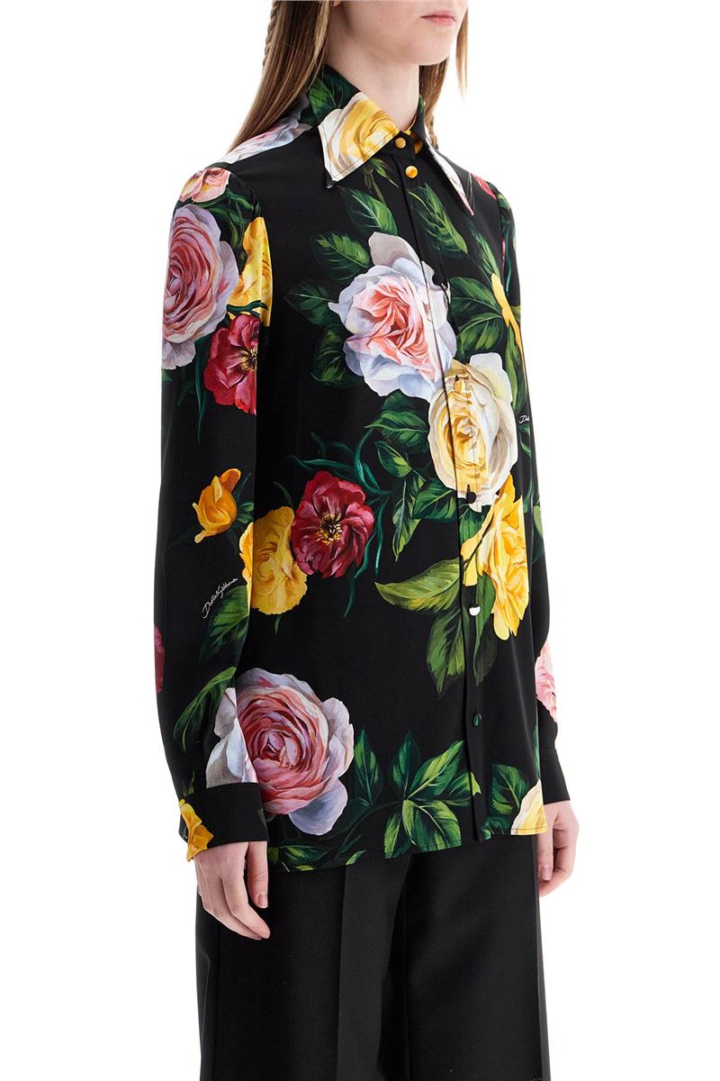 BLACK SILK SHIRT WITH MULTICOLORED ROSES AND YELLOW BUTTONS -  DOLCE & GABBANA -  Verso