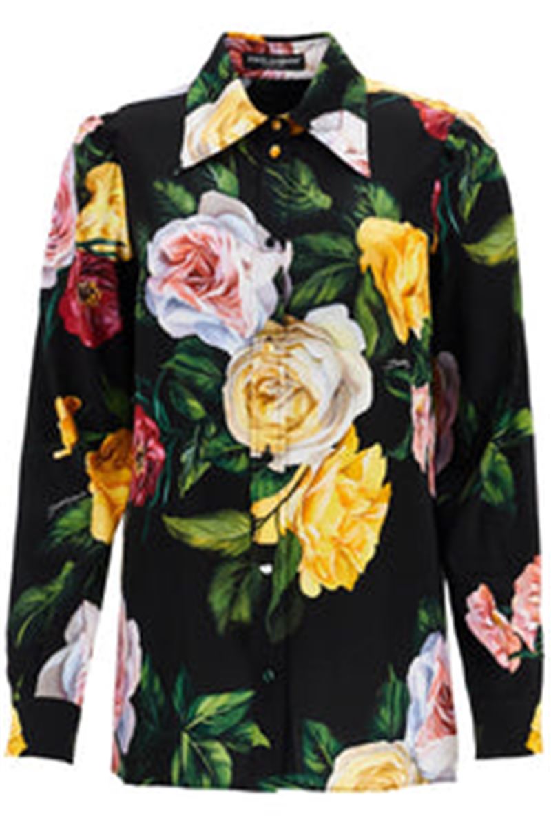 BLACK SILK SHIRT WITH MULTICOLORED ROSES AND YELLOW BUTTONS -  DOLCE & GABBANA -  Verso