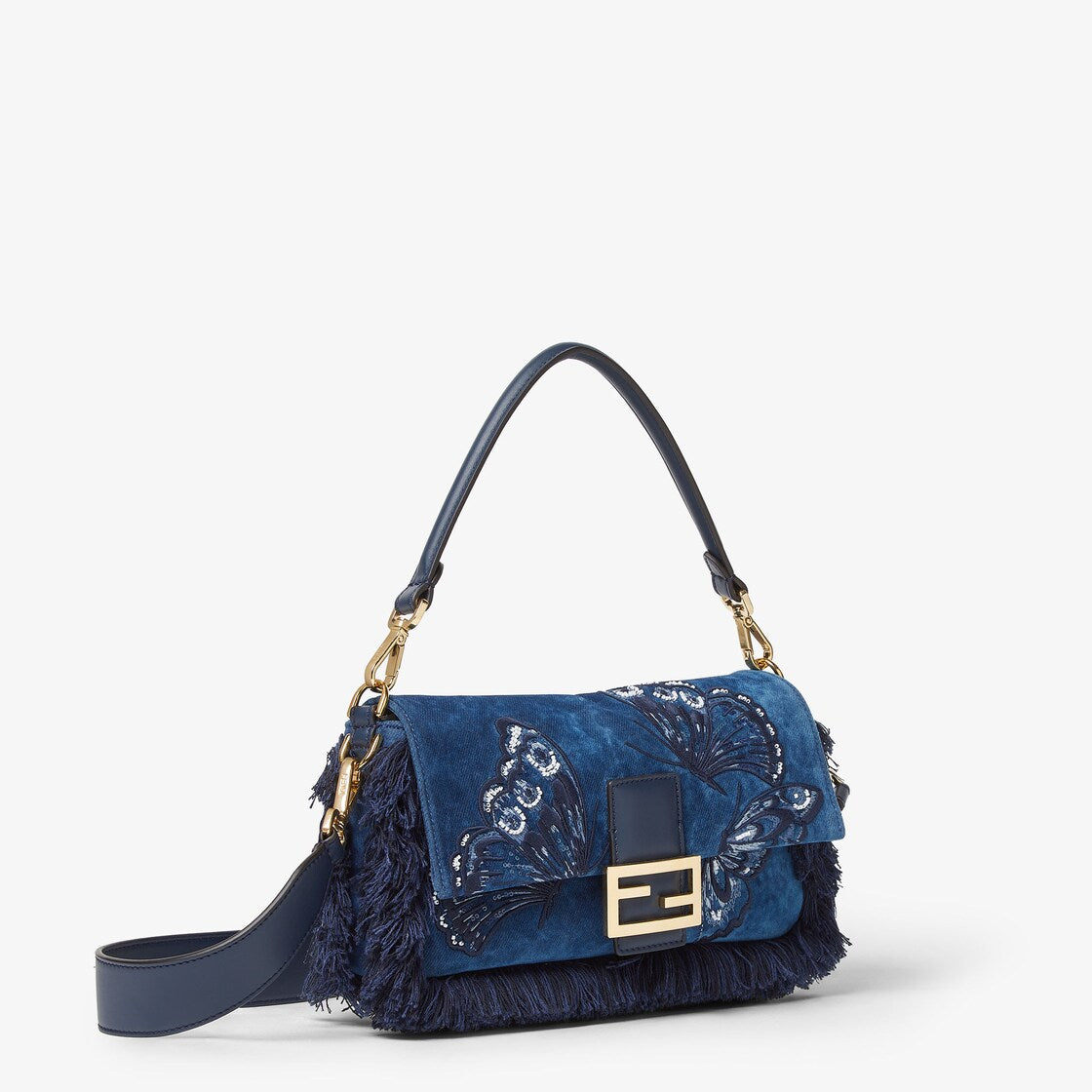 Blue flocked denim bag with night butterfly embroidery-FENDI-Verso