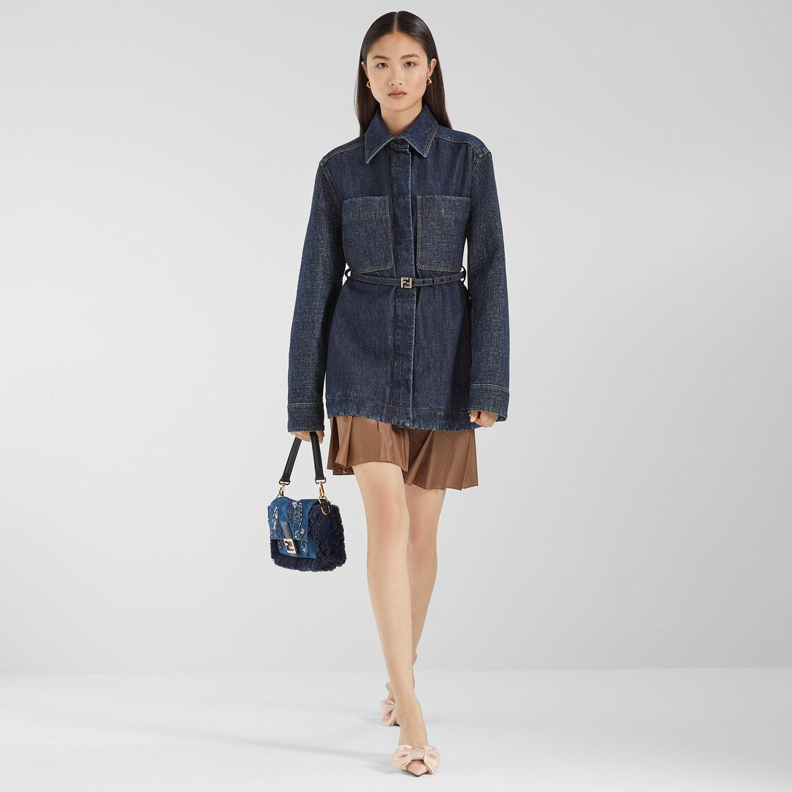 Blue flocked denim bag with night butterfly embroidery-FENDI-Verso