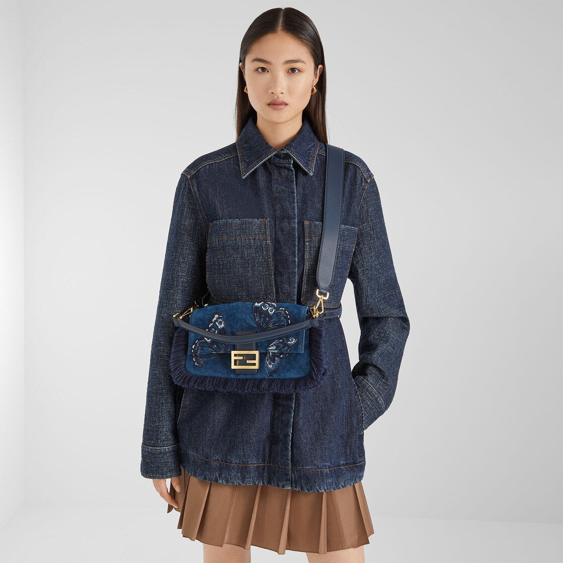Blue flocked denim bag with night butterfly embroidery-FENDI-Verso
