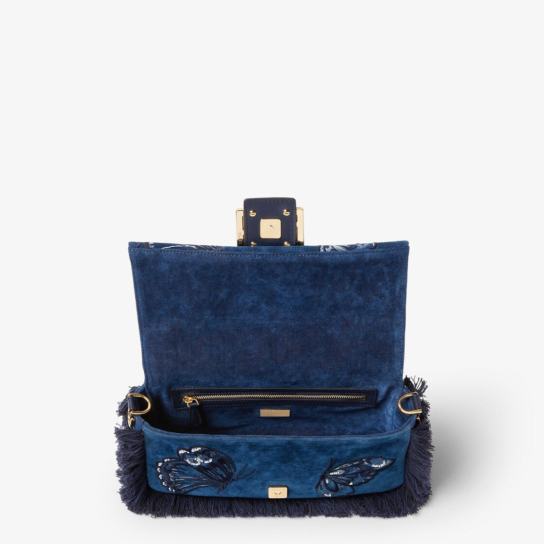 Blue flocked denim bag with night butterfly embroidery-FENDI-Verso