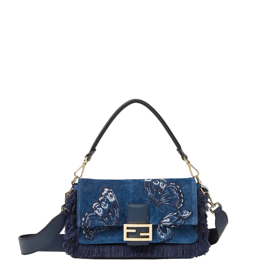 Blue flocked denim bag with night butterfly embroidery-FENDI-Verso
