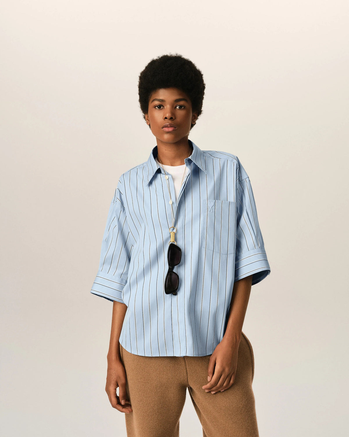 Blue large striped cotton short-sleeve shirt with embossed logo-AMI-Verso