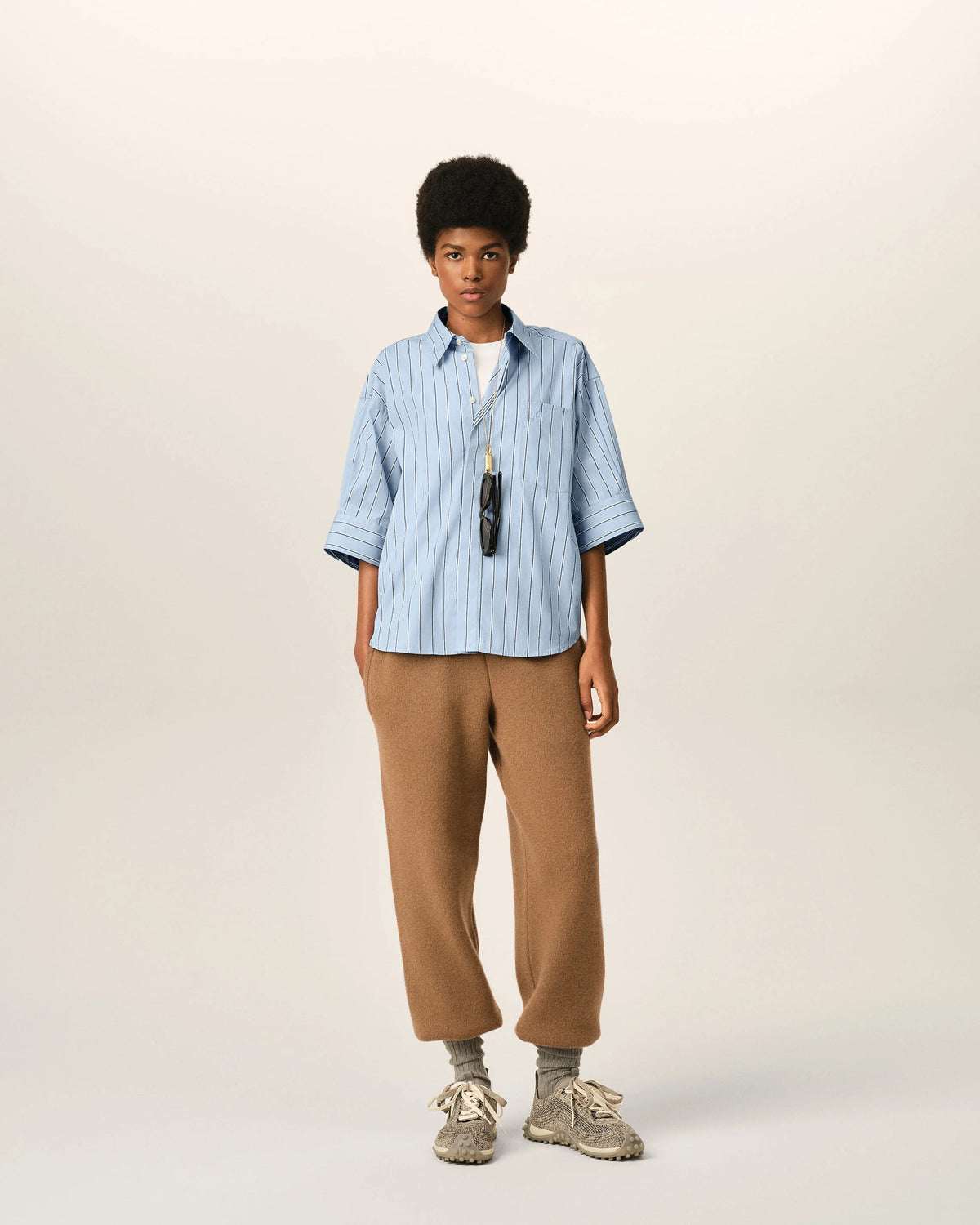 Blue large striped cotton short-sleeve shirt with embossed logo-AMI-Verso
