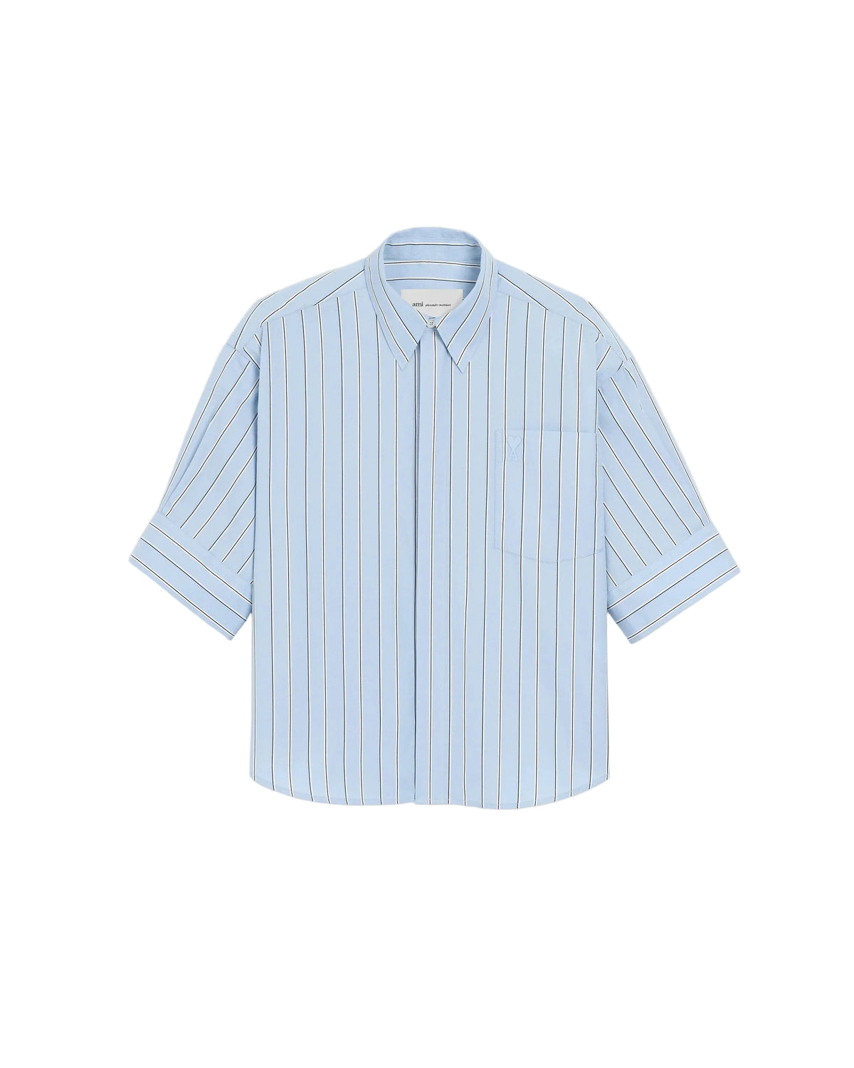 Blue large striped cotton short-sleeve shirt with embossed logo-AMI-309701-34-Verso