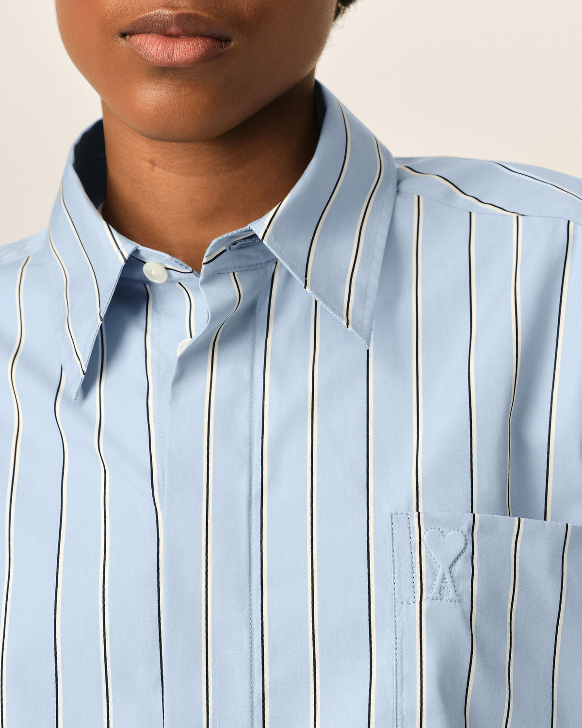 Blue large striped cotton short-sleeve shirt with embossed logo-AMI-Verso