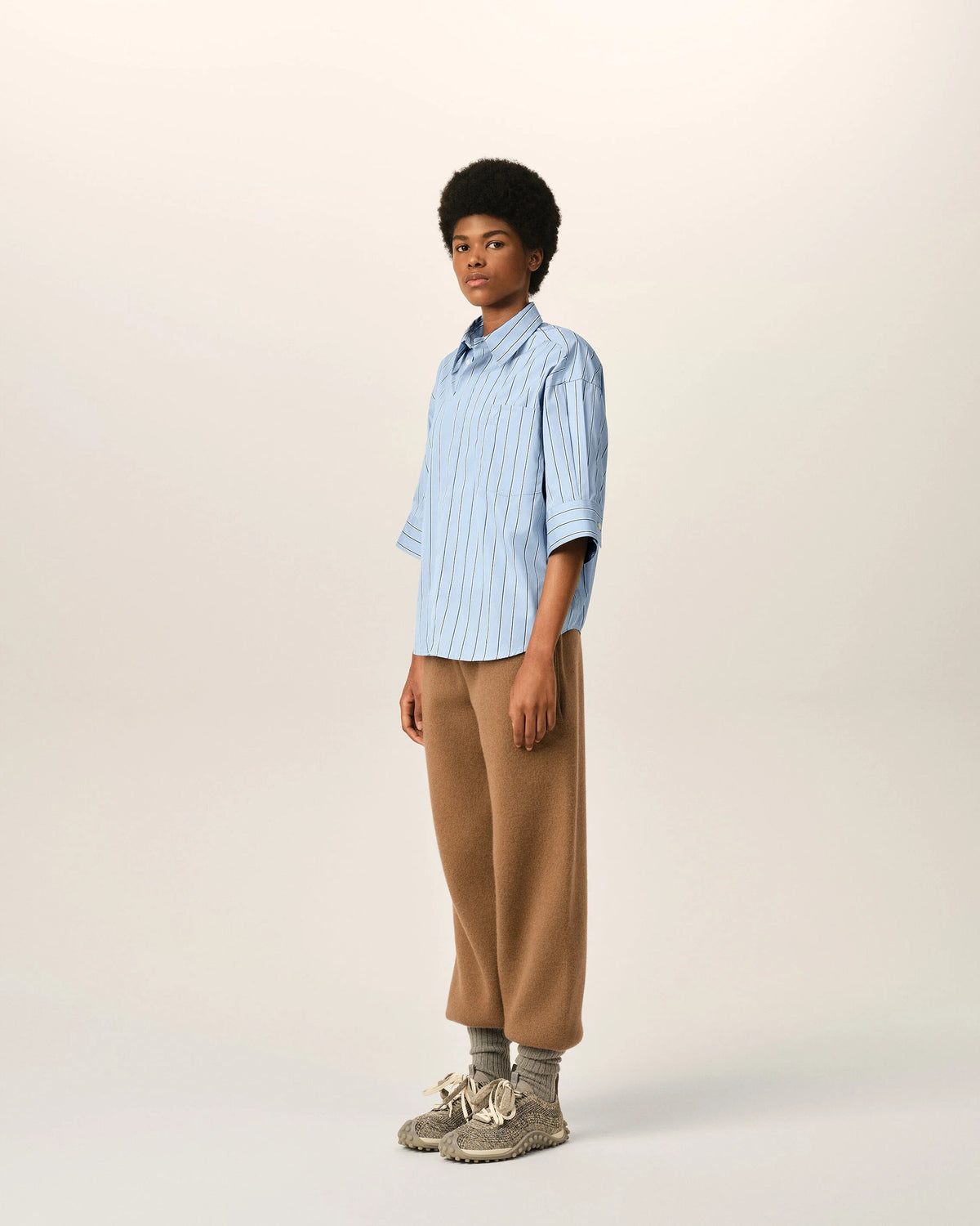 Blue large striped cotton short-sleeve shirt with embossed logo-AMI-Verso