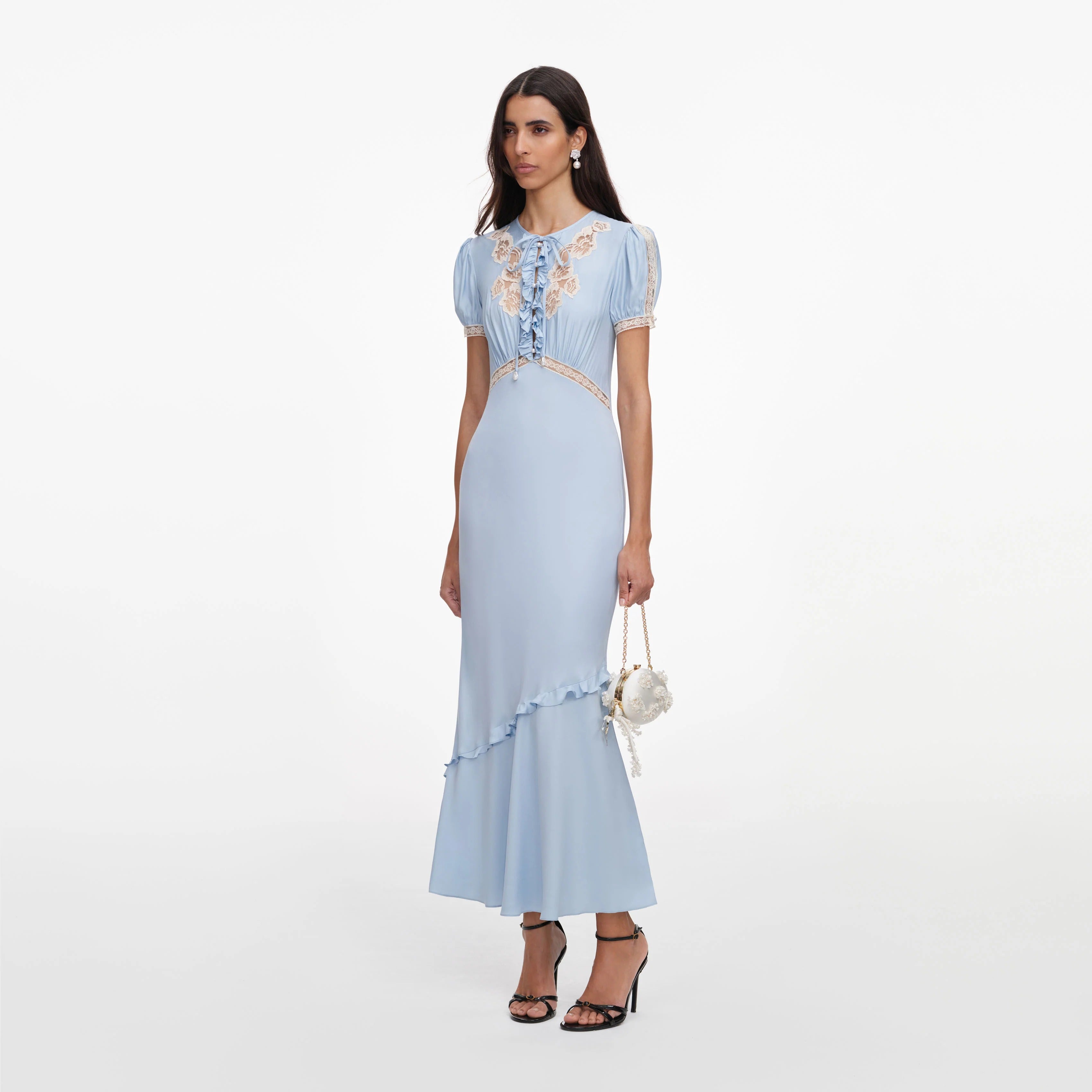 Blue Viscose Lace Midi Dress-SELF-PORTRAIT-Verso