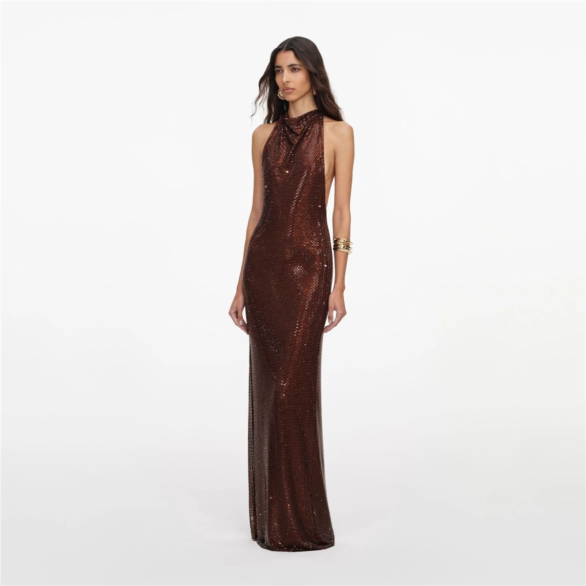 Brown Rhinestone Racer Back Maxi Dress-SELF-PORTRAIT-Verso