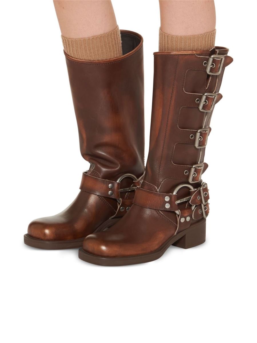BUCKLE-DETAIL LEATHER BOOTS MIU MIU