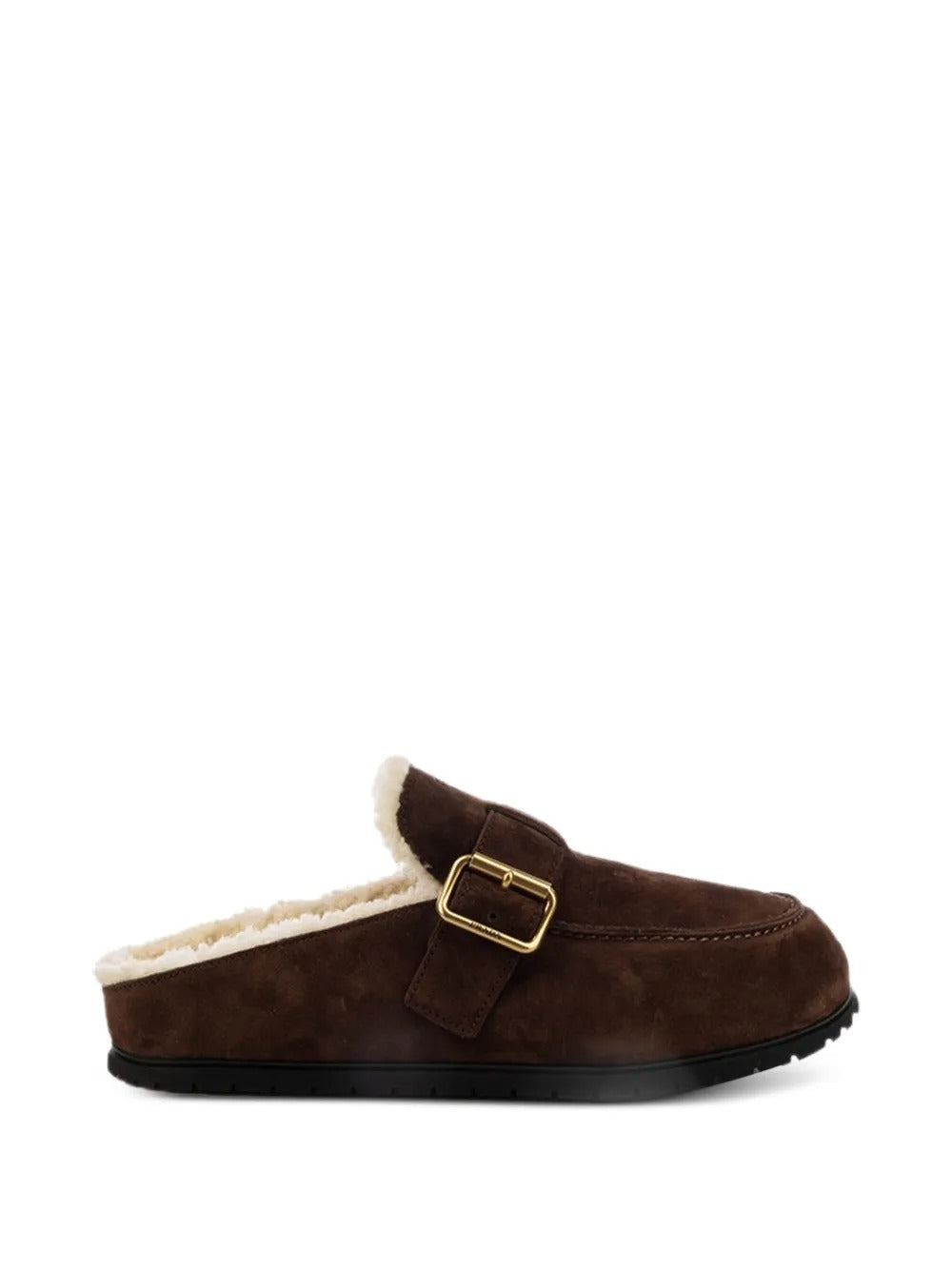 Buckle-fastening shearling-lined slippers-PRADA-Verso