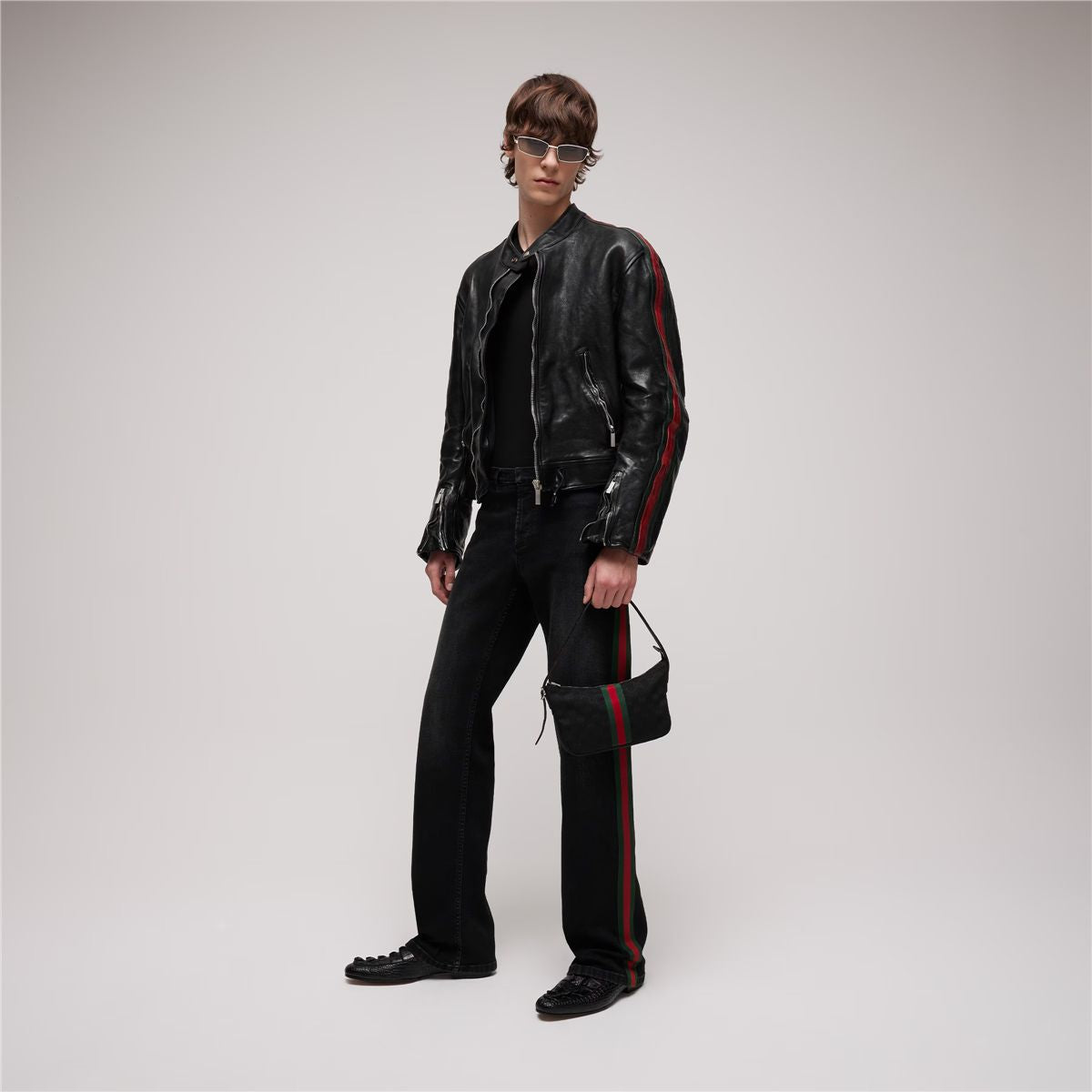 Buffalo leather biker jacket with web-GUCCI-Verso