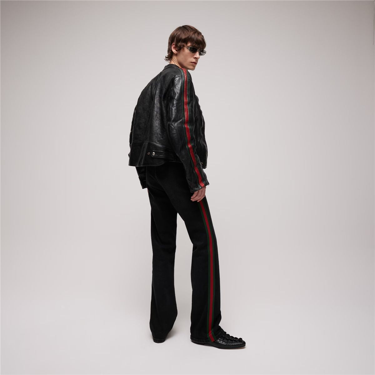 Buffalo leather biker jacket with web-GUCCI-Verso