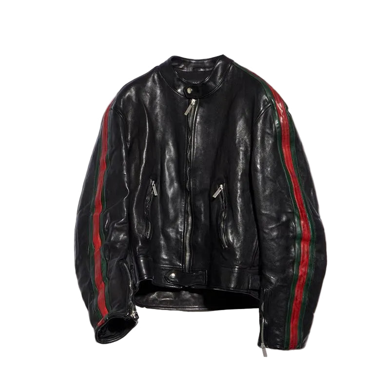 Buffalo leather biker jacket with web-GUCCI-311998-50-Verso