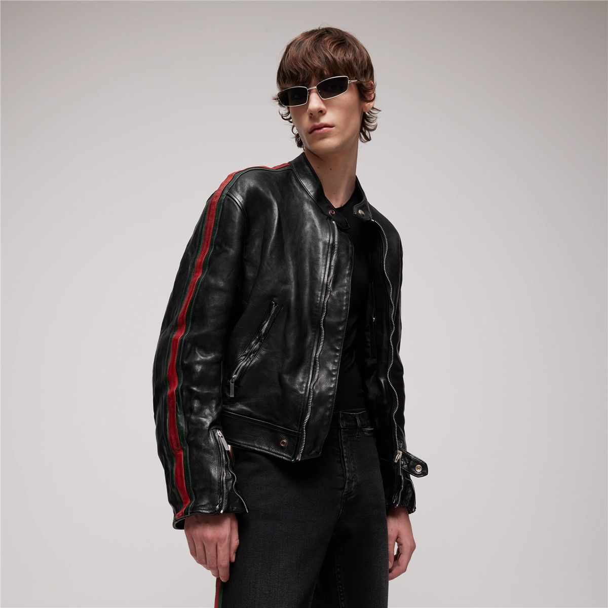Buffalo leather biker jacket with web-GUCCI-Verso