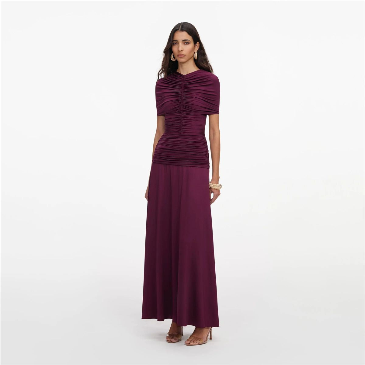 Burgundy Jersey Gathered Midi Dress-SELF-PORTRAIT-Verso
