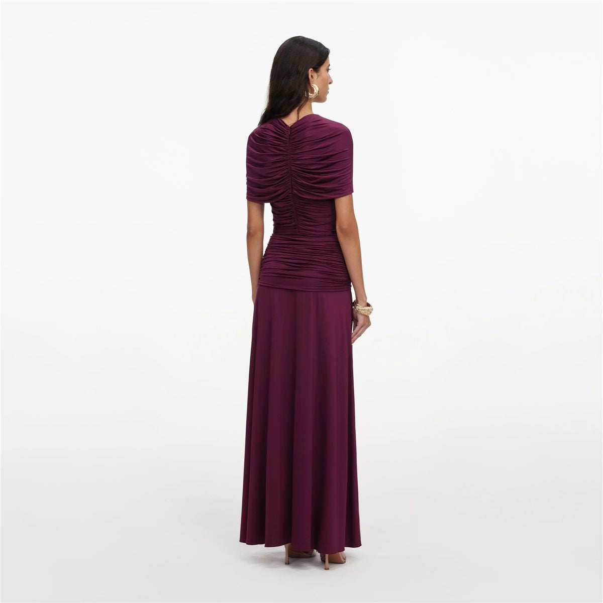 Burgundy Jersey Gathered Midi Dress-SELF-PORTRAIT-Verso