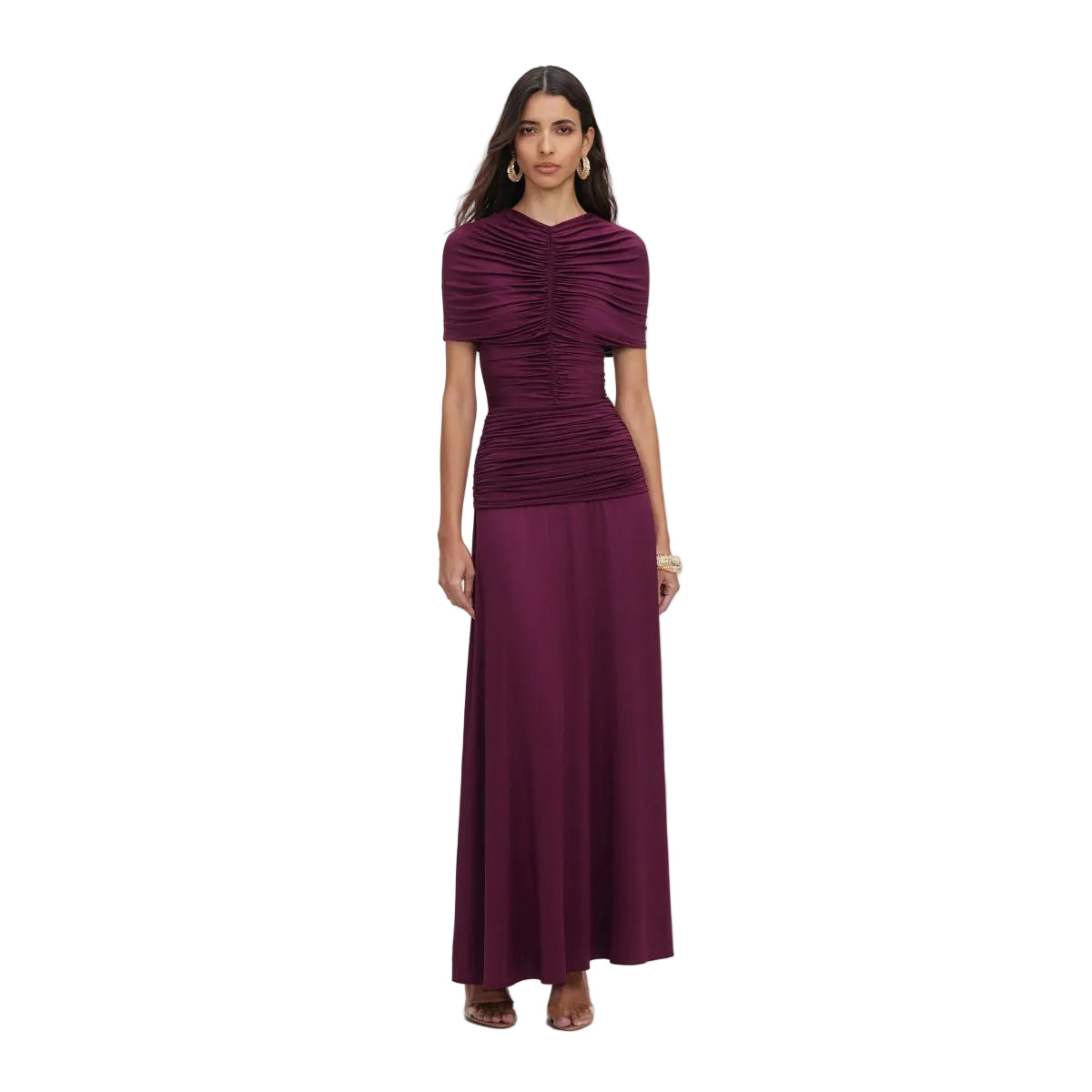 Burgundy Jersey Gathered Midi Dress-SELF-PORTRAIT-309662-4-Verso